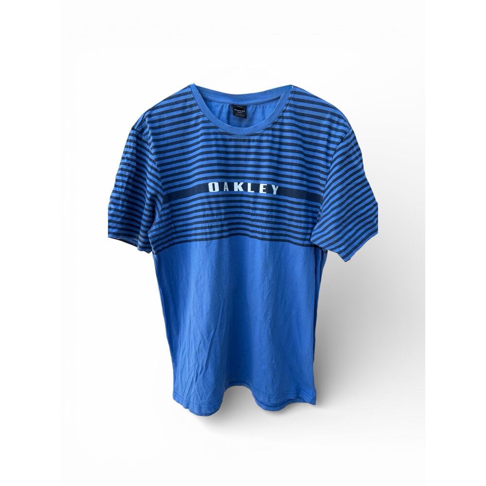 Oakley Striped Logo T Shirt Mens 2XL Blue Athletic Casual Graphic Tee